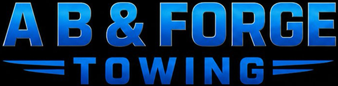 Blue and black A B & Forge Towing logo with bold text and stylized wing lines Blue and black A B & Forge Towing logo with bold text and stylized wing lines