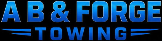 Blue and black A B & Forge Towing logo with bold text and stylized wing lines