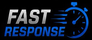 FAST RESPONSE text in silver and blue with a blue stopwatch icon on black background