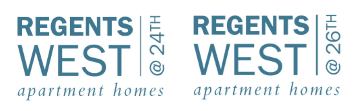 Regents West apartment homes combined logo with “24th” and “26th” in blue and gray.