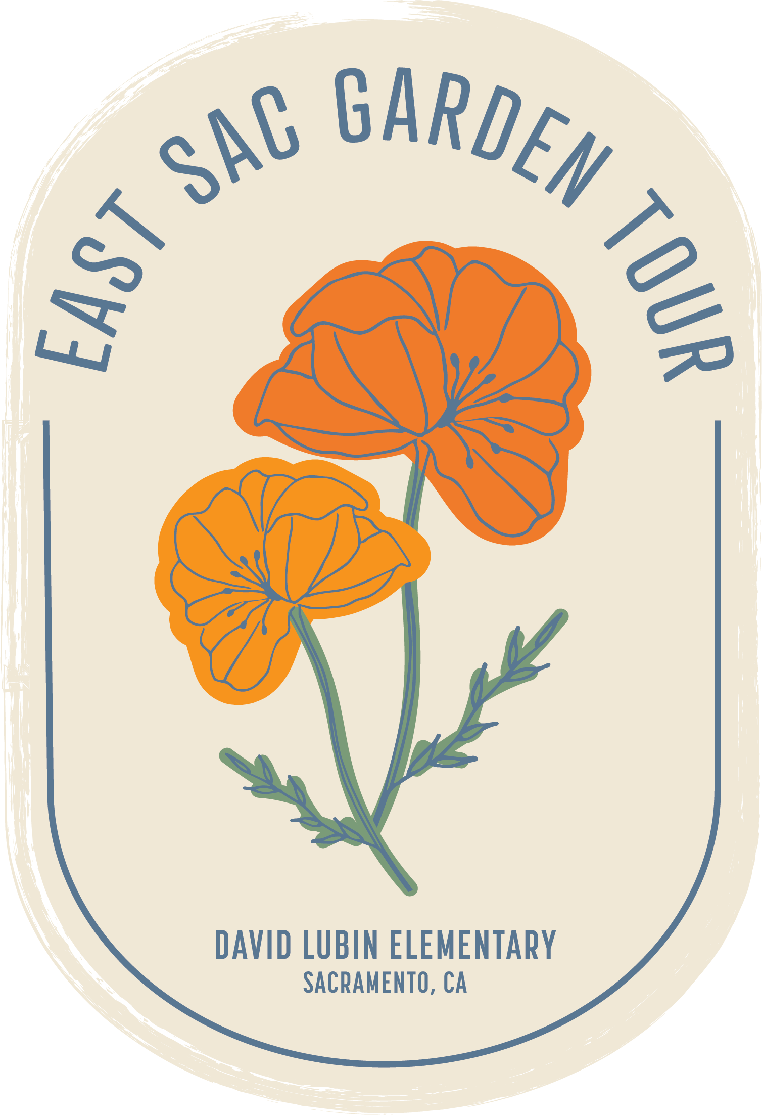 Logo for the East Sac Garden Tour with two orange flowers with green stems and for David Lubin Elementary, Sacramento, CA.