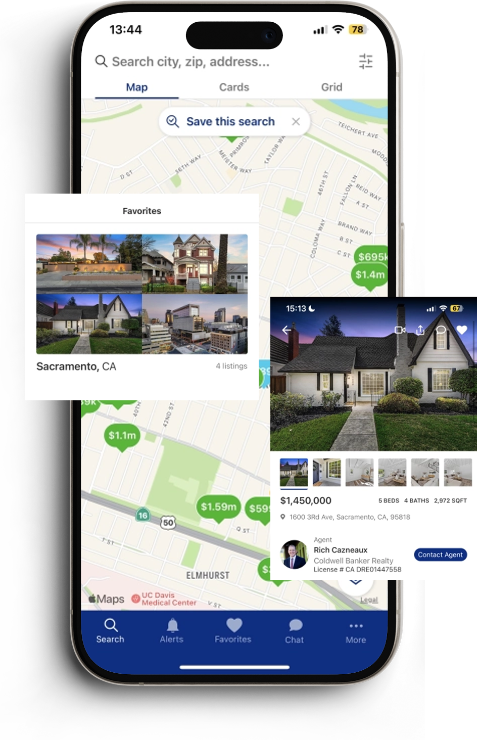 A smartphone screen displays a real estate app showing property listings, a map view, and saved favorites in Sacramento, CA.