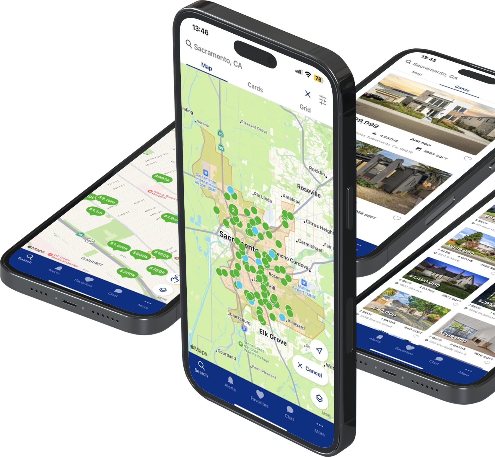Four smartphones display a real estate app with property listings, map view, and search options for homes in Sacramento, CA.