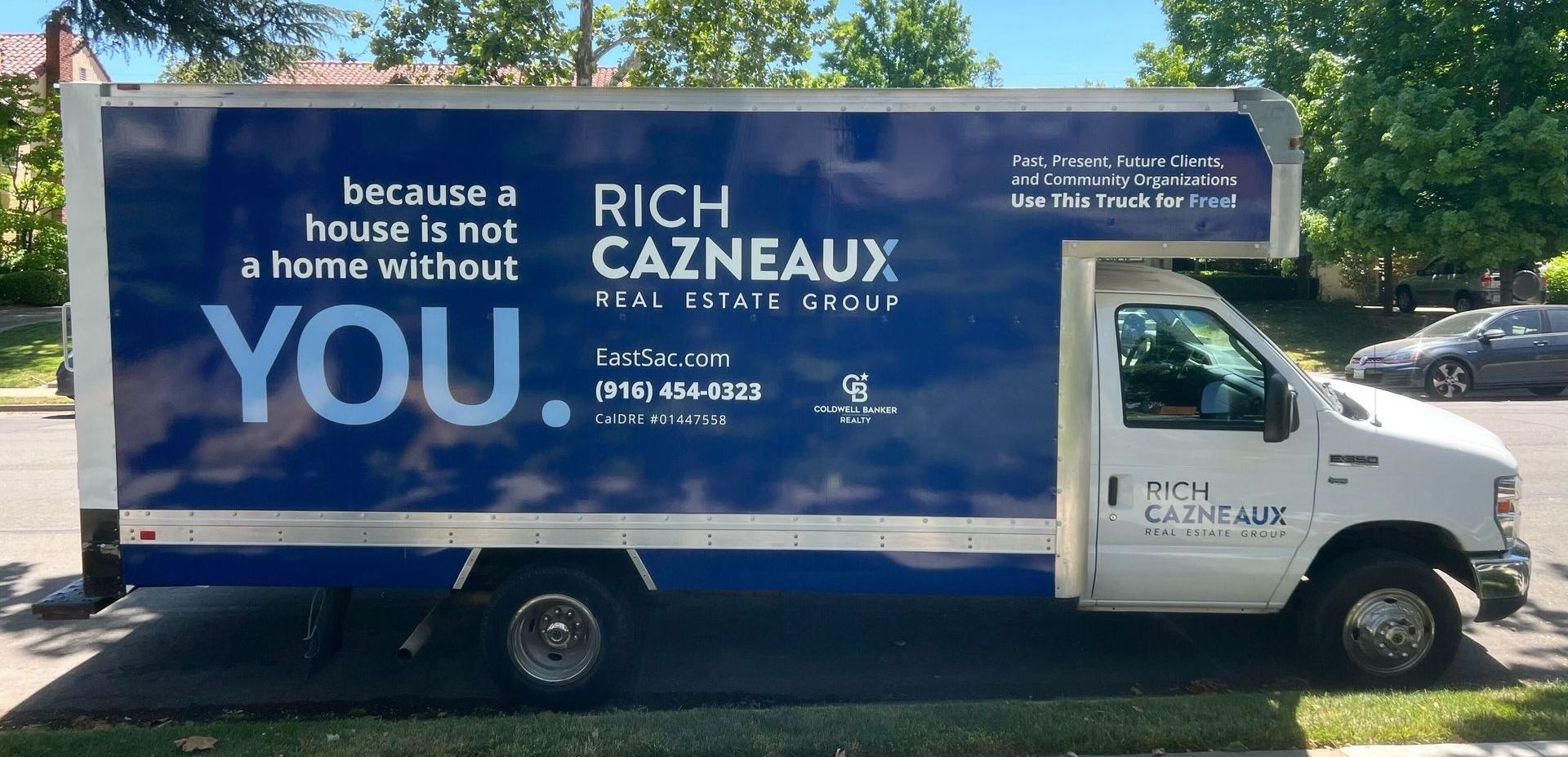 A blue and white truck with 