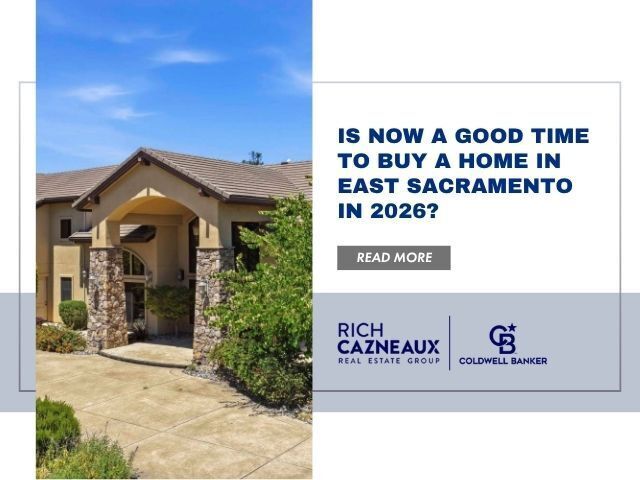 A tan home with a stone-column entrance beside a headline about buying a home in East Sacramento.