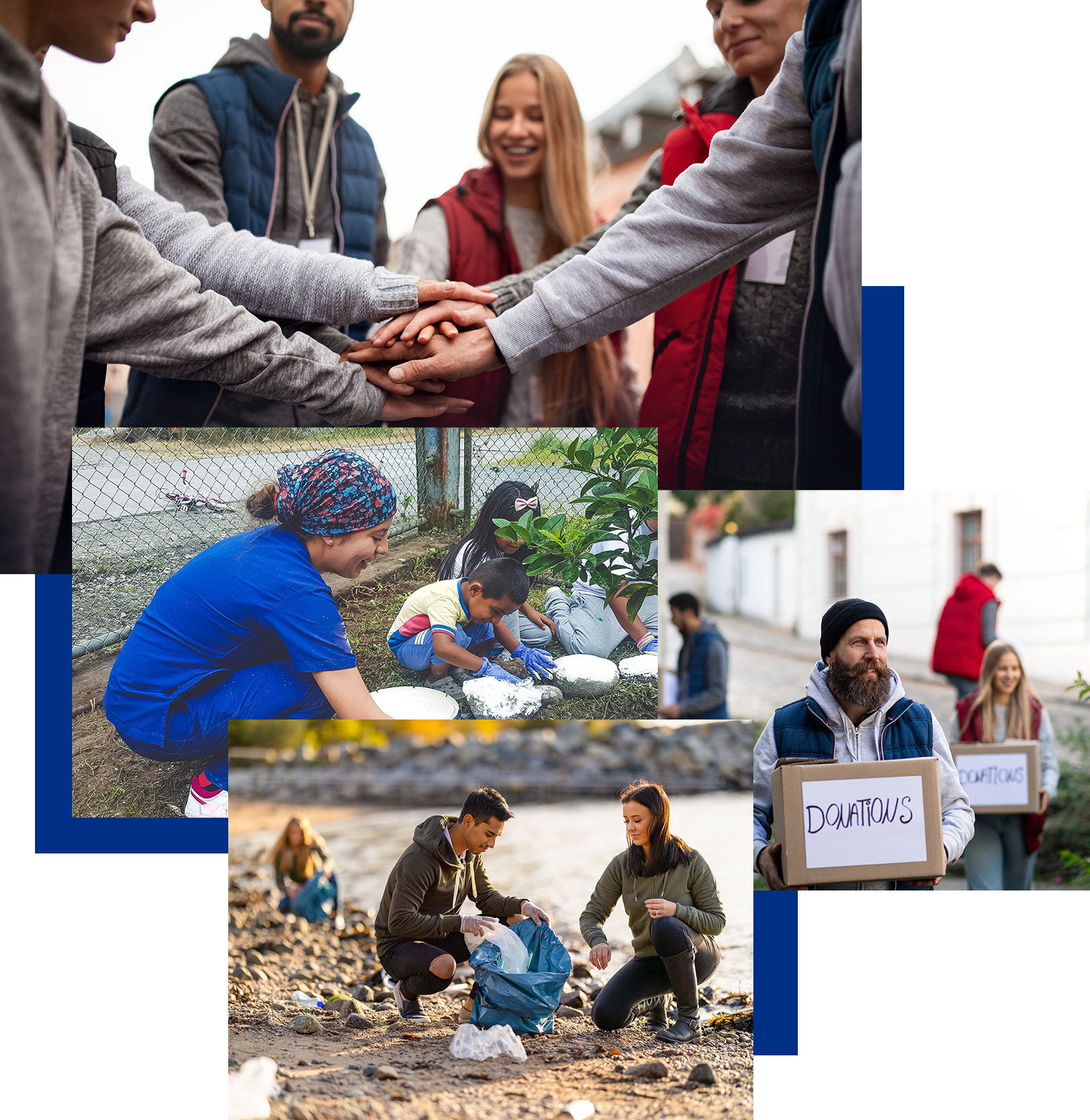 A collage of photos showing a community of people holding hands, helping each other, and giving back.