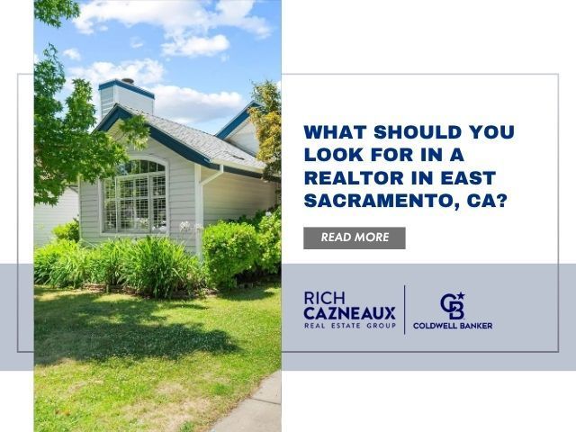 Graphic promoting homes for sale in East Sacramento with a charming white house, and lush front yard