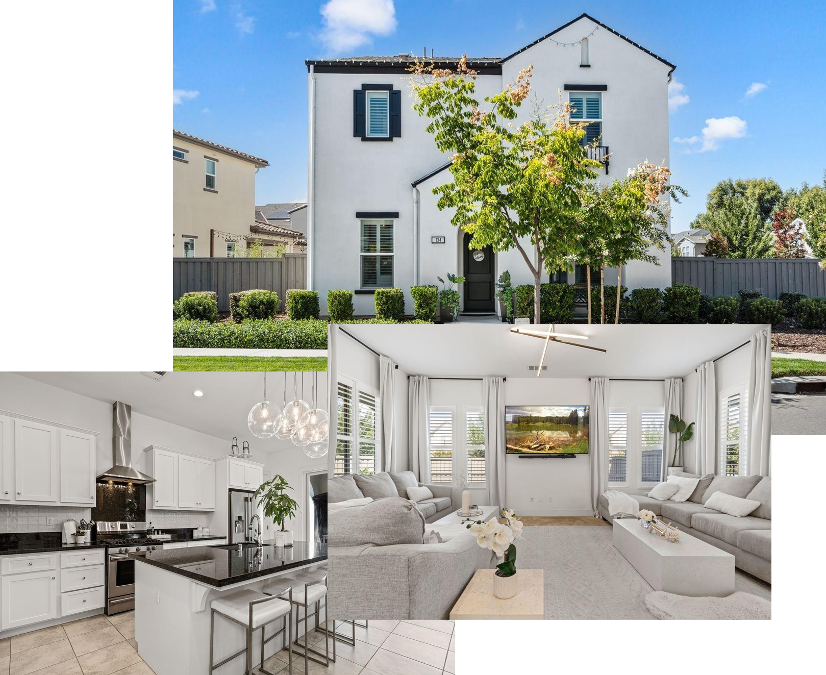 A house exterior and an open-concept living room with a kitchen, showcasing homes for sale in East Sacramento, CA.  