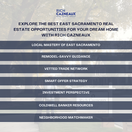 Infographic details East Sacramento real estate opportunities with Rich Cazneaux, from local knowledge to neighborhood match.