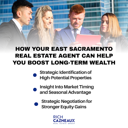 Professionals viewing tablet with imposed text on how an East Sacramento real estate agent helps build long-term wealth.