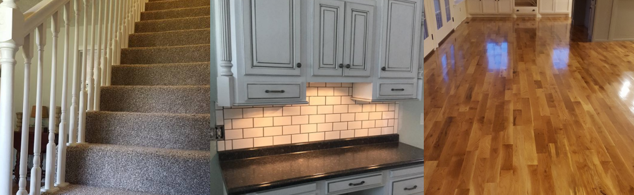 A collage of home interior renovations showing carpeted stairs, white kitchen cabinets with tile backsplash, and wood floors.