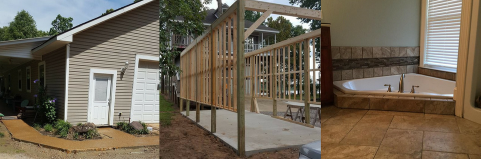 A collage showing a exterior home renovation, a wooden framing structure, and a tiled bathroom tub.