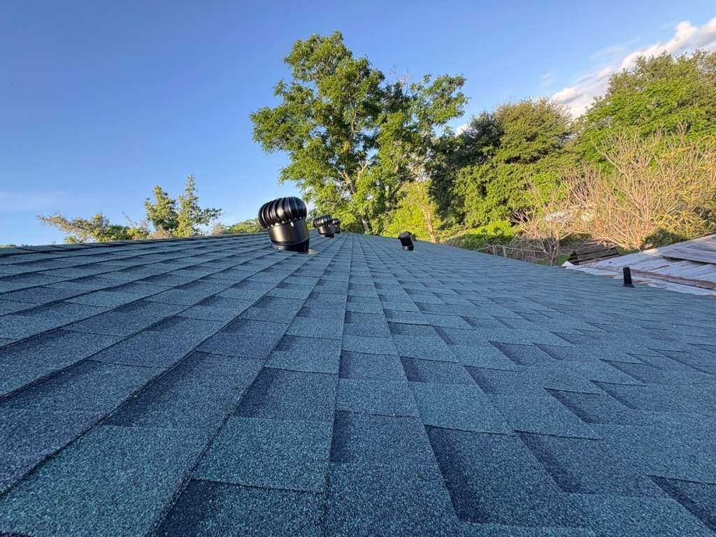 Blue shingle roof with two vents, viewed from the rooftop against trees and blue sky