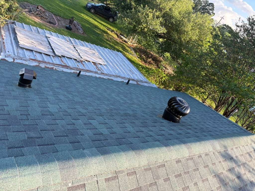 Rooftop with gray shingles, two black vents, and a slanted metal roof panel beside trees and a parked car.