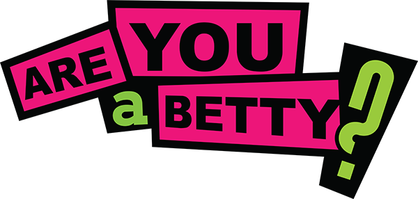 A pink and black logo that says are you a betty