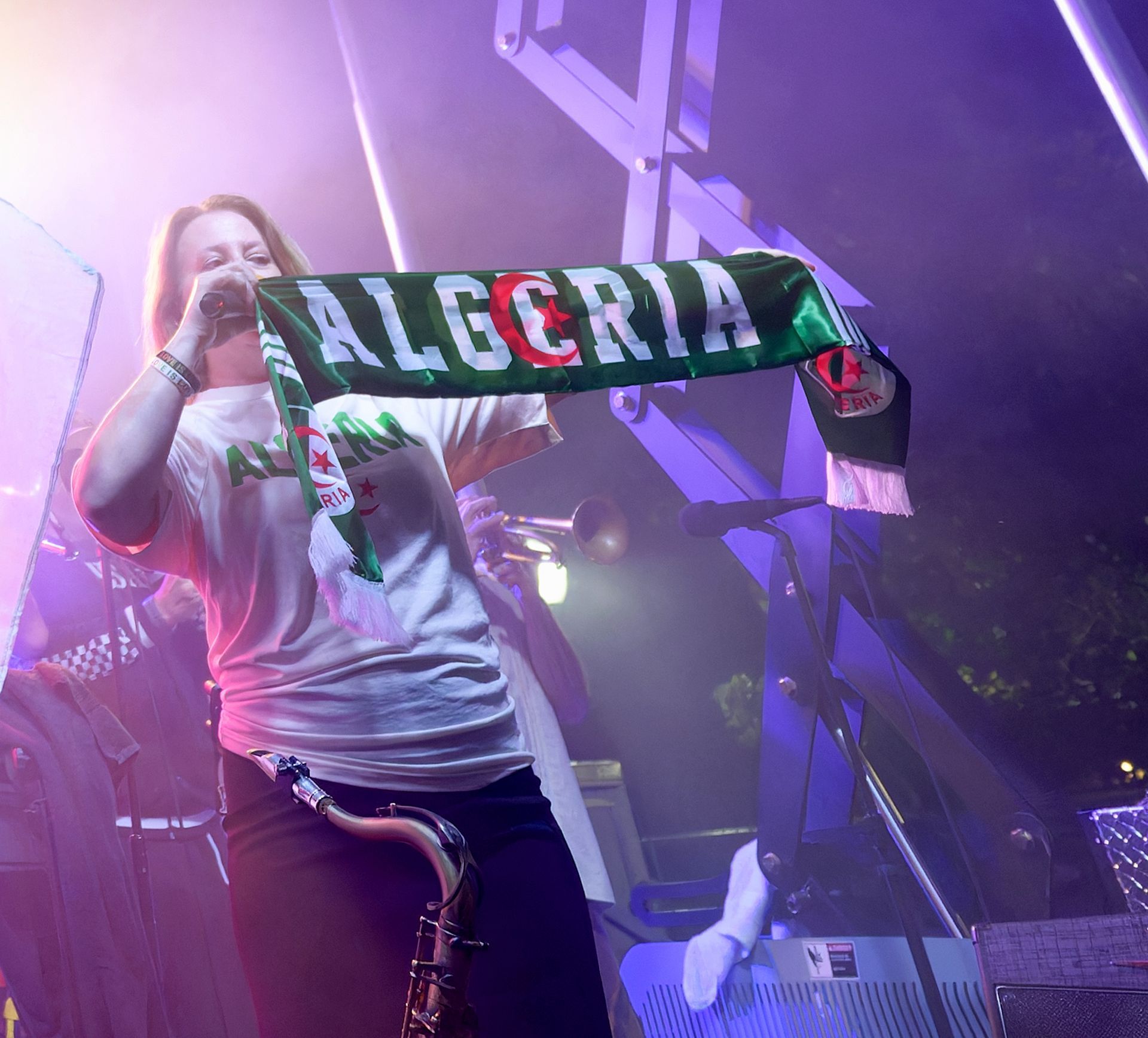 Person on a lit stage holding an ALGERIA scarf, with purple concert lights and microphones around them