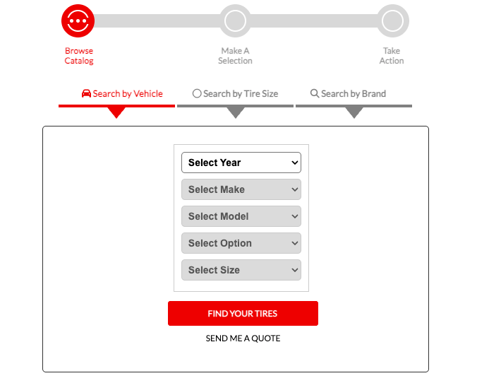Car tire search form with dropdowns for year, make, model, option, and size, plus red “Find Your Tires” button