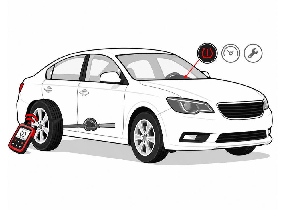 White sedan with a flat rear tire and a tire-pressure warning light on the dashboard display.