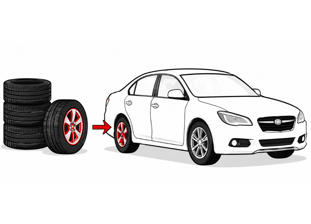 Black car tires next to a white sedan, with an arrow showing wheel replacement