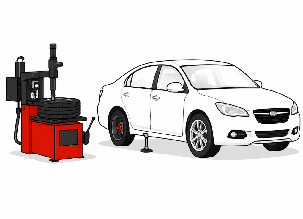 White car beside a red tire-changing machine with a wheel lifted by a jack