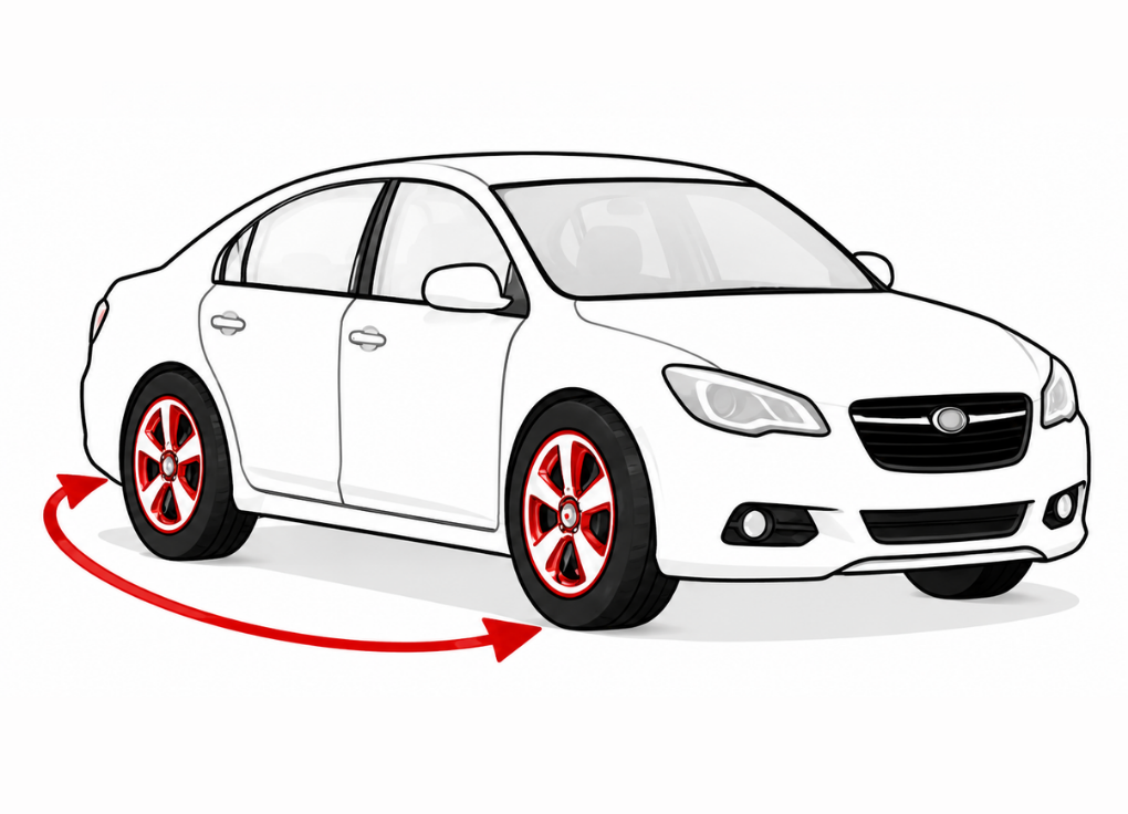 White sedan with red wheels and a red circular arrow indicating rotation or movement around the car