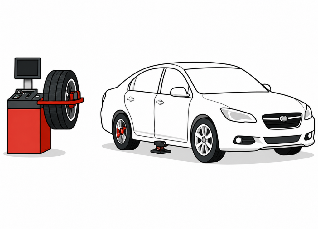 White car on a jack with a tire balancing machine beside it in a garage setting