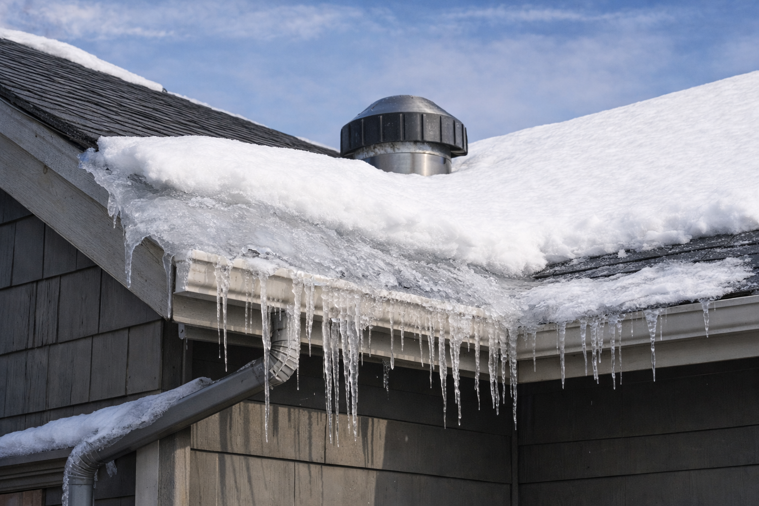 Snow-covered roof with icicles hanging from the eaves; blue sky in the background.