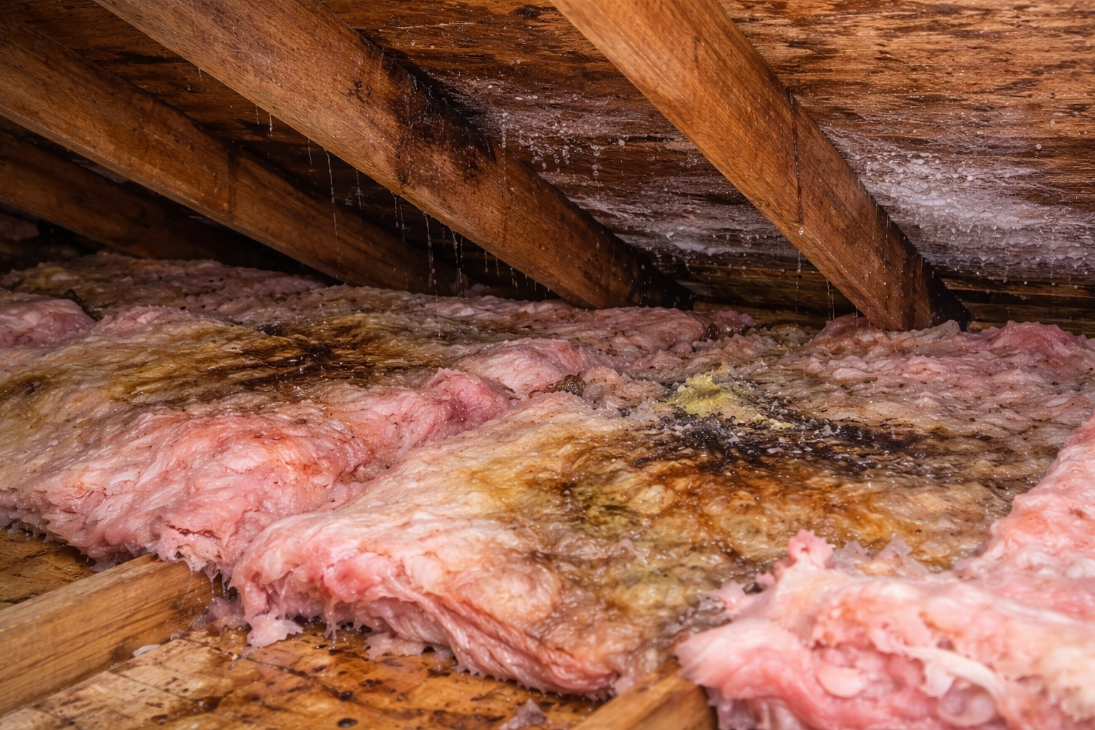 Attic insulation with mold growth, damaged wood beams, and moisture.