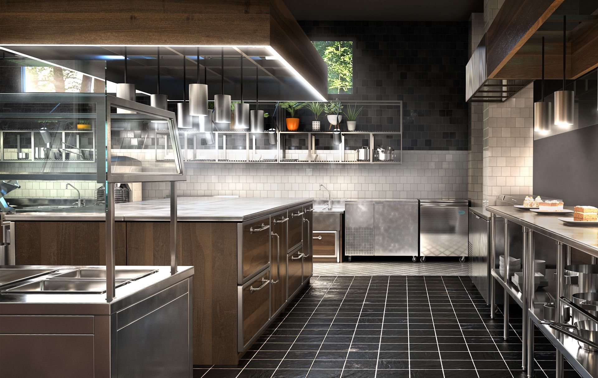 A kitchen with stainless steel appliances and wooden cabinets