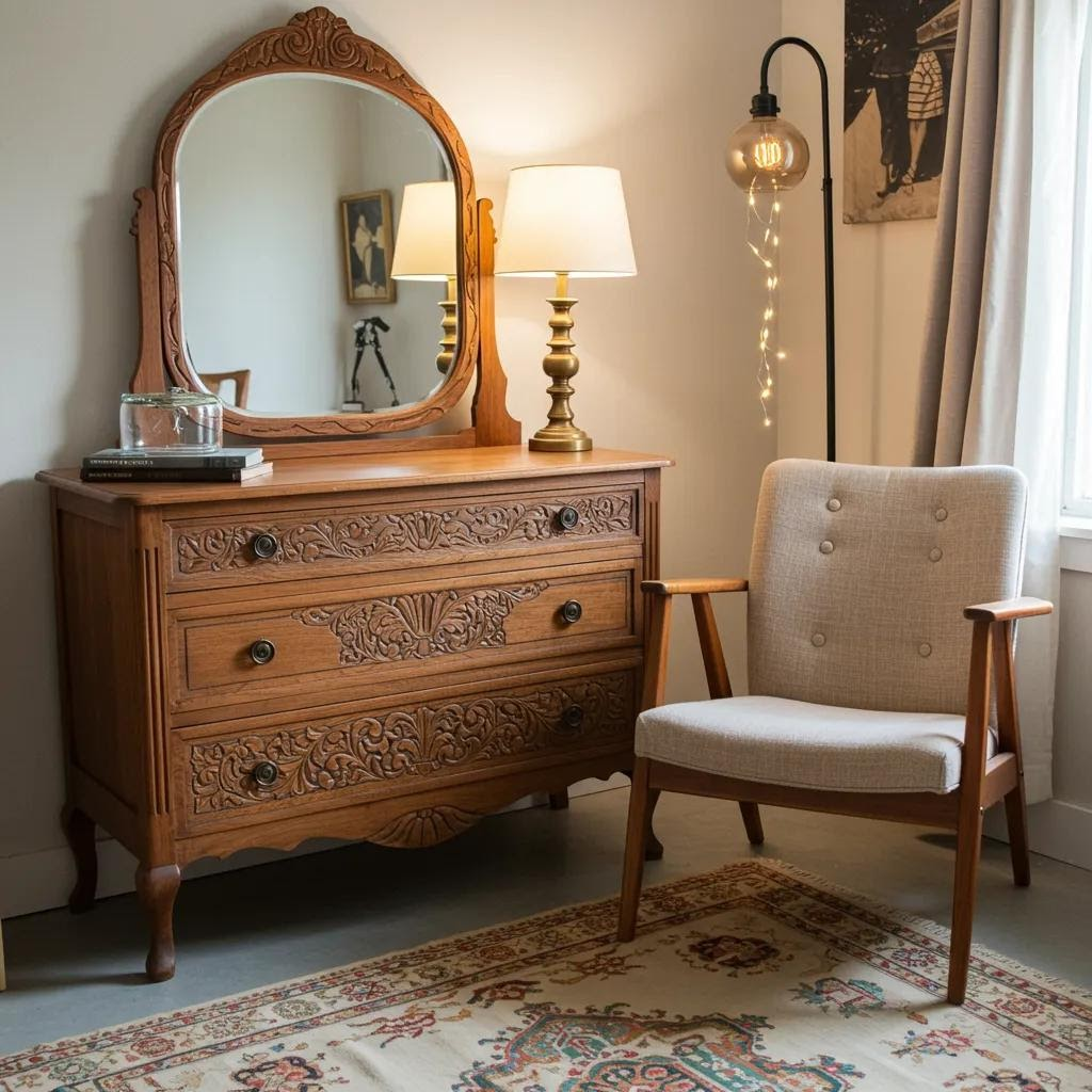Wooden dresser with mirror and lamp, beside a chair. A rug is on the floor.