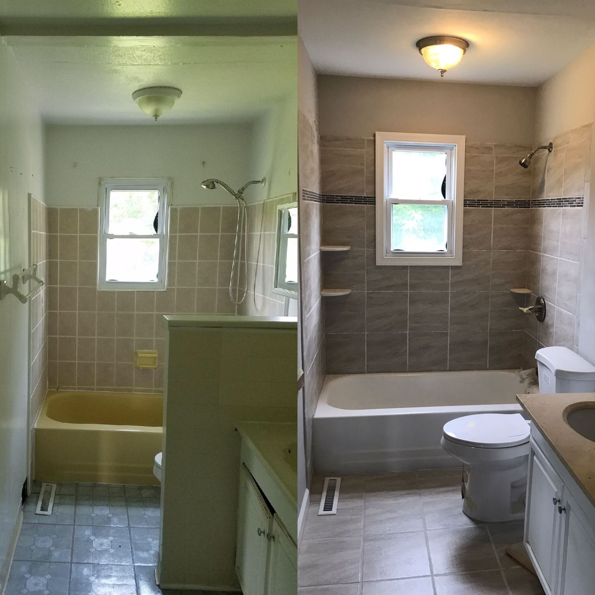 Bathroom showing tub, toilet, sink, and a tiled shower area with a window and light fixtures