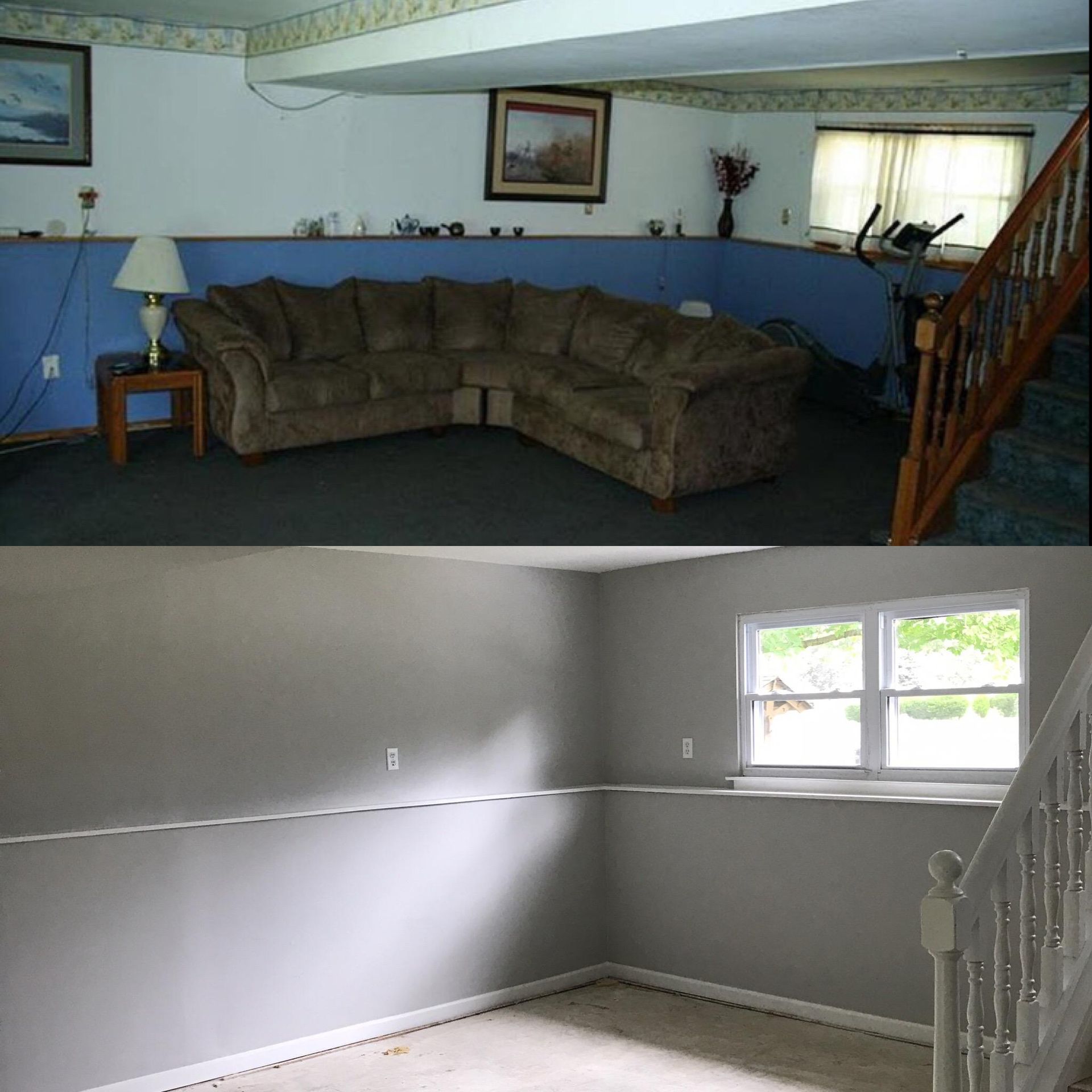 Split-view living room: brown sectional, blue accent wall, staircase, and lower gray unfinished room with window.
