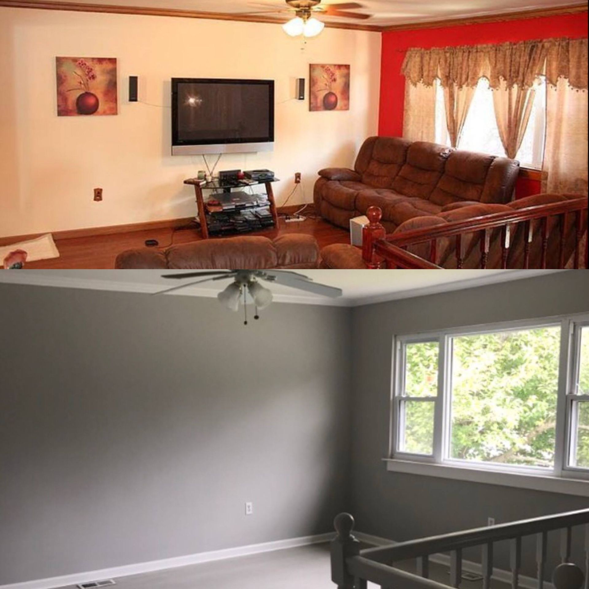 Living room with TV, brown leather sofa, and red curtains; adjacent gray room with large windows.