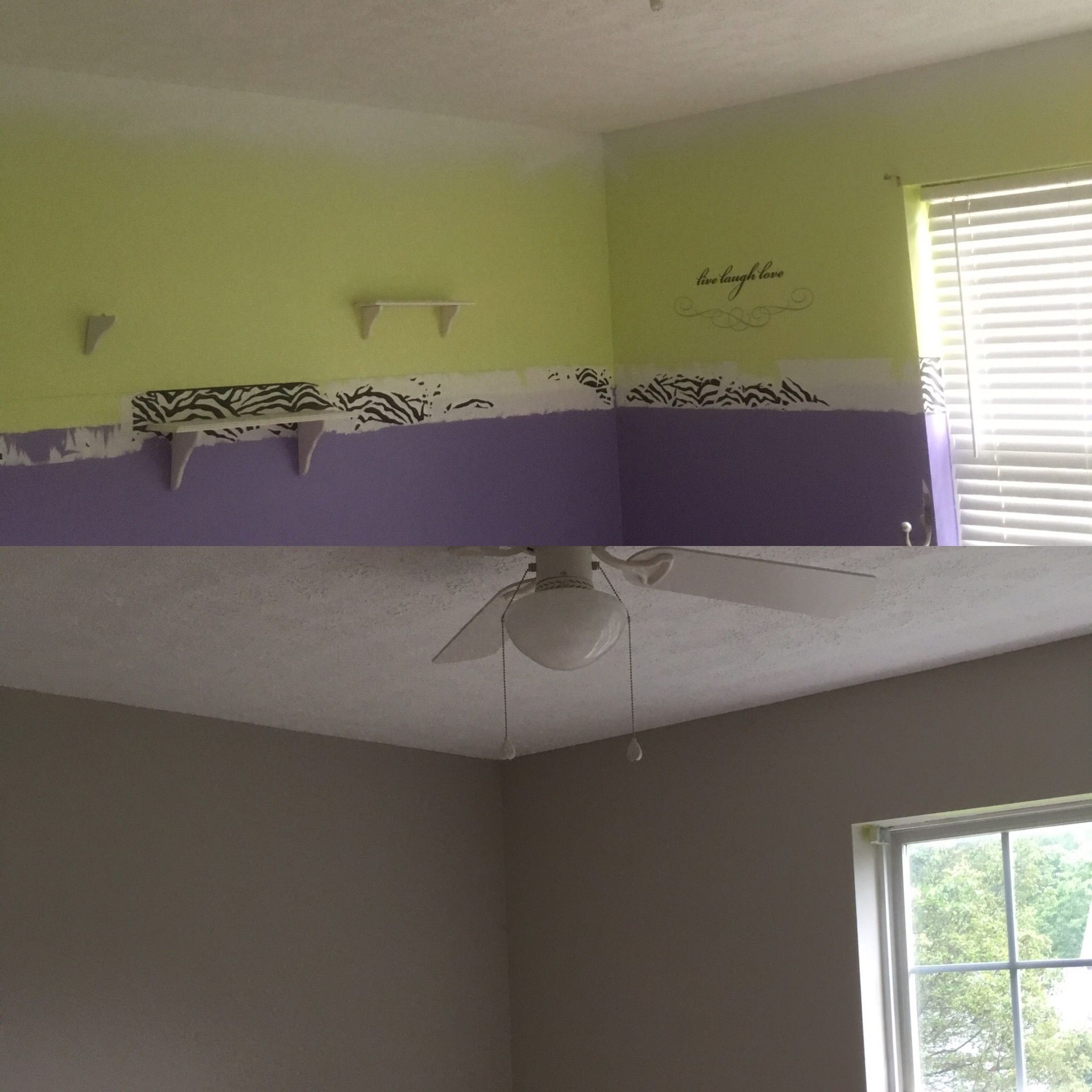 Bedroom with lime green and lavender walls, ceiling fan, and a window letting in daylight.