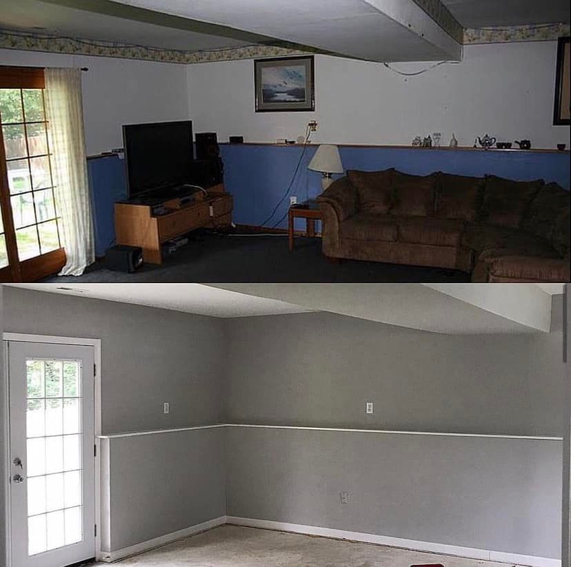 Before and after living room remodel: furnished room top, empty gray room bottom.
