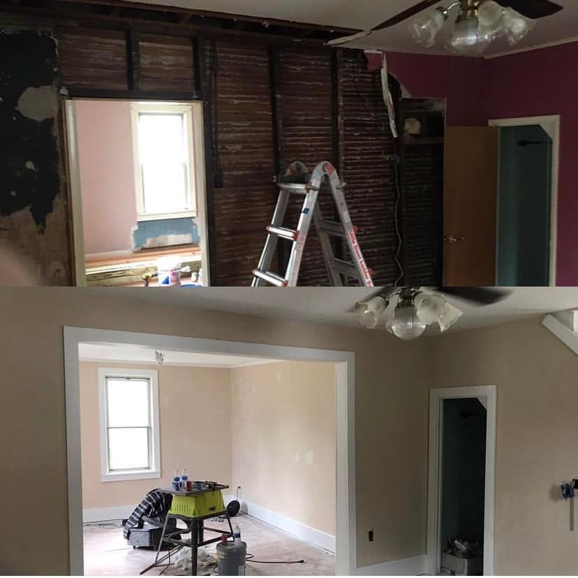 Split-view of a room renovation: exposed wall studs above, finished beige walls below with ladder and tools.