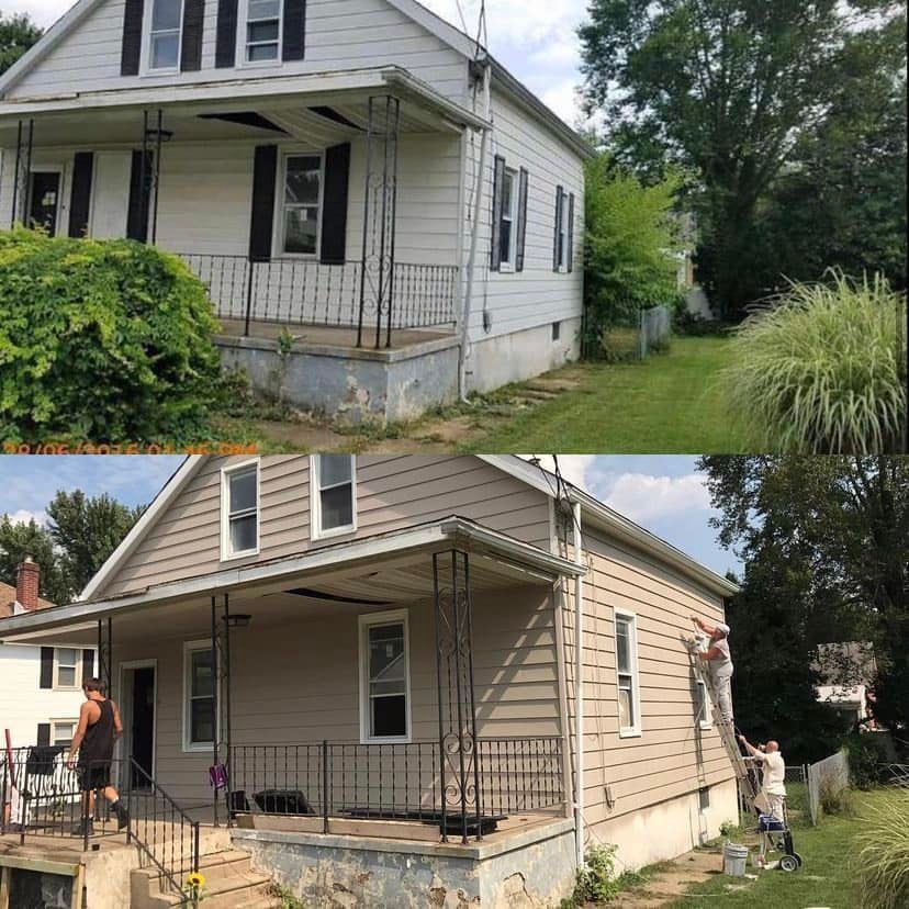 Before-and-after view of a small house exterior with a front porch and new beige siding.