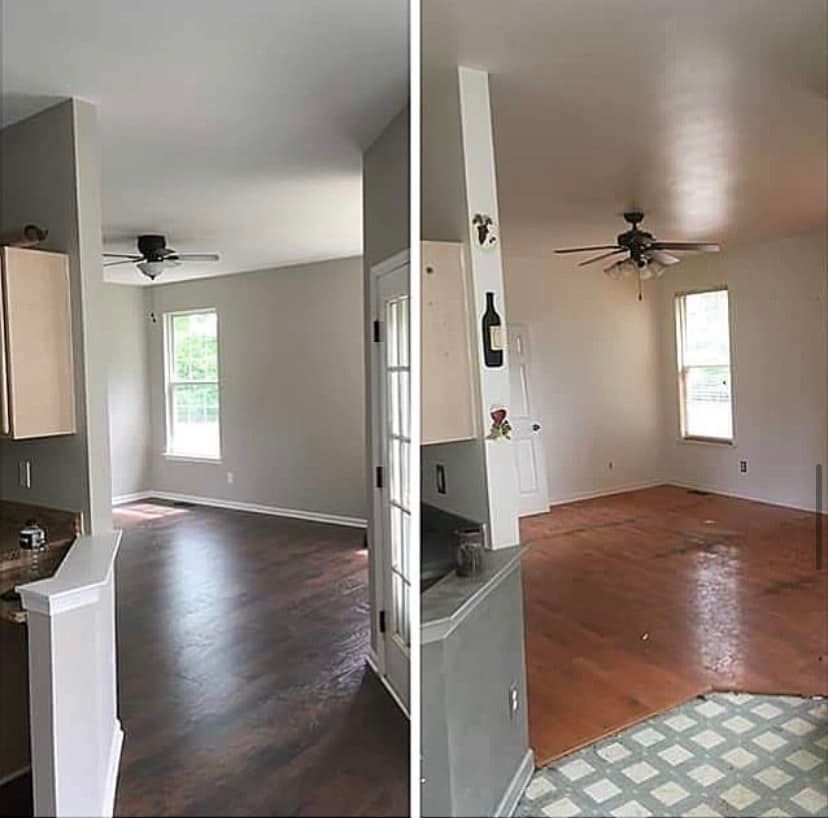 Side-by-side before-and-after view of a small room with different flooring and wall colors.