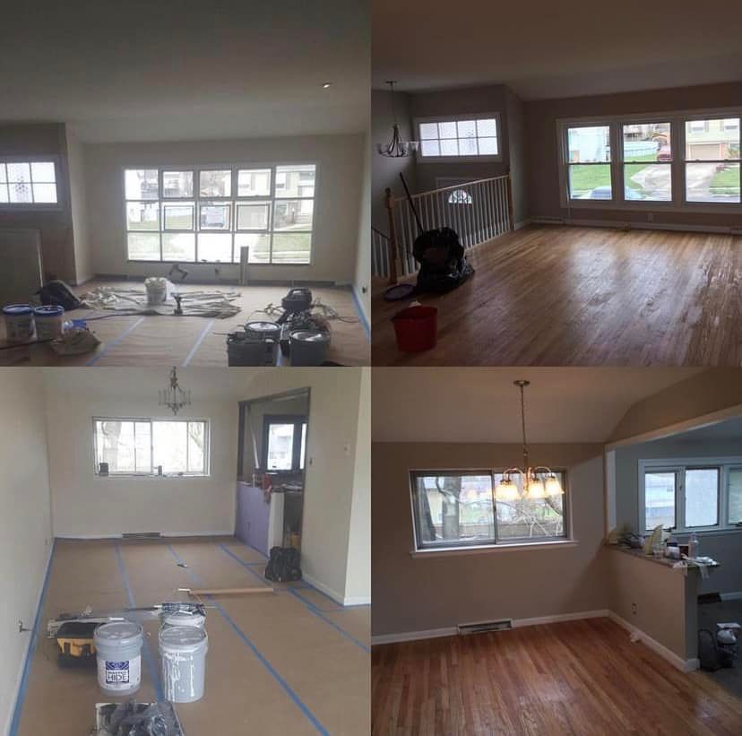 Before-and-after interior renovation of a bright living room with hardwood floors and large windows