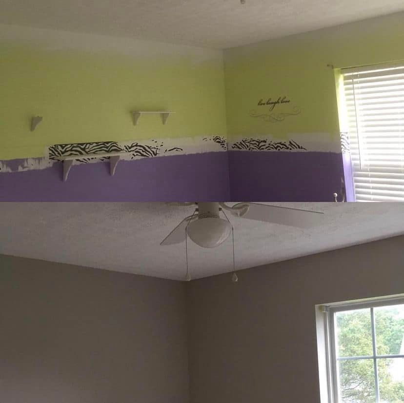 Partially painted bedroom wall with lime green and purple, plus a ceiling fan and window blinds