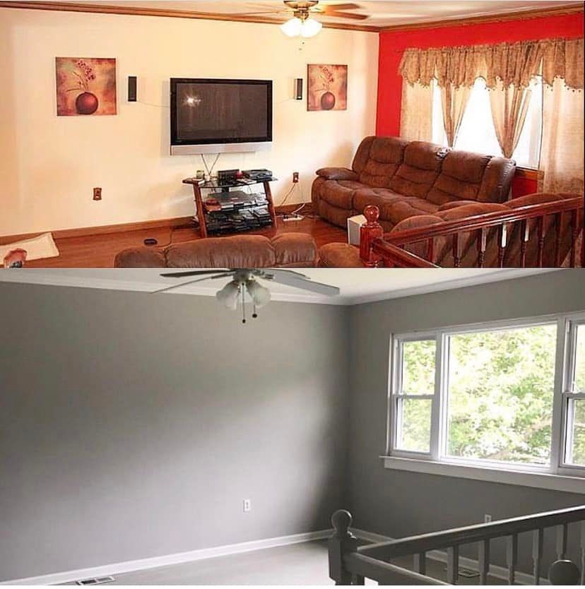 Before-and-after living room: furnished beige room above, empty gray room below with window and staircase.