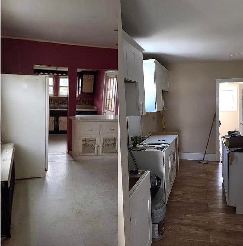 Split view of a kitchen before and after renovation, showing old white cabinets and a new modern kitchen.