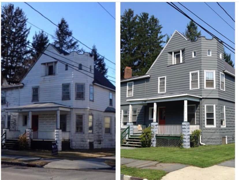 Two views of the same white house: old, weathered exterior on the left and renovated gray siding on the right.