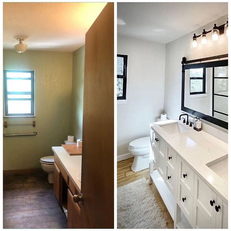 Bathroom before-and-after: dated beige sink area beside a bright white remodeled vanity and mirror.