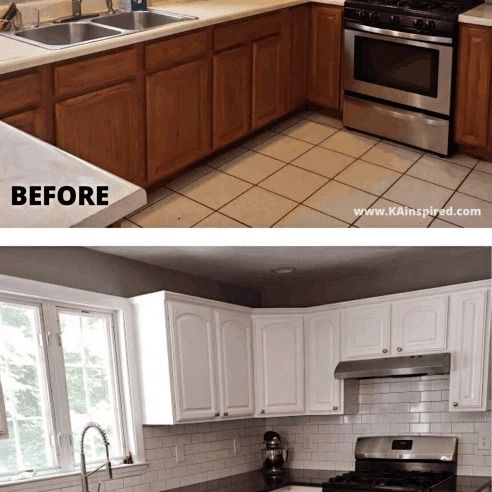 Before-and-after kitchen remodel: dark wood cabinets replaced with white cabinets and updated countertop.