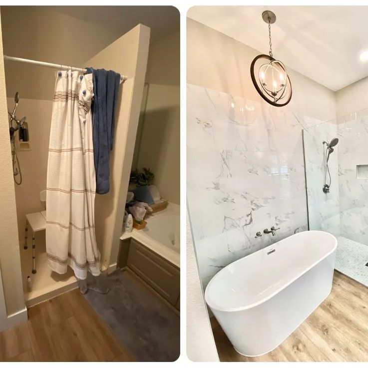 Bathroom before-and-after: shower curtain and clutter beside a sleek white freestanding tub with marble walls