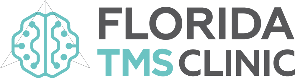 Logo for Florida TMS Clinic featuring a teal brain graphic inside a triangle and text: 