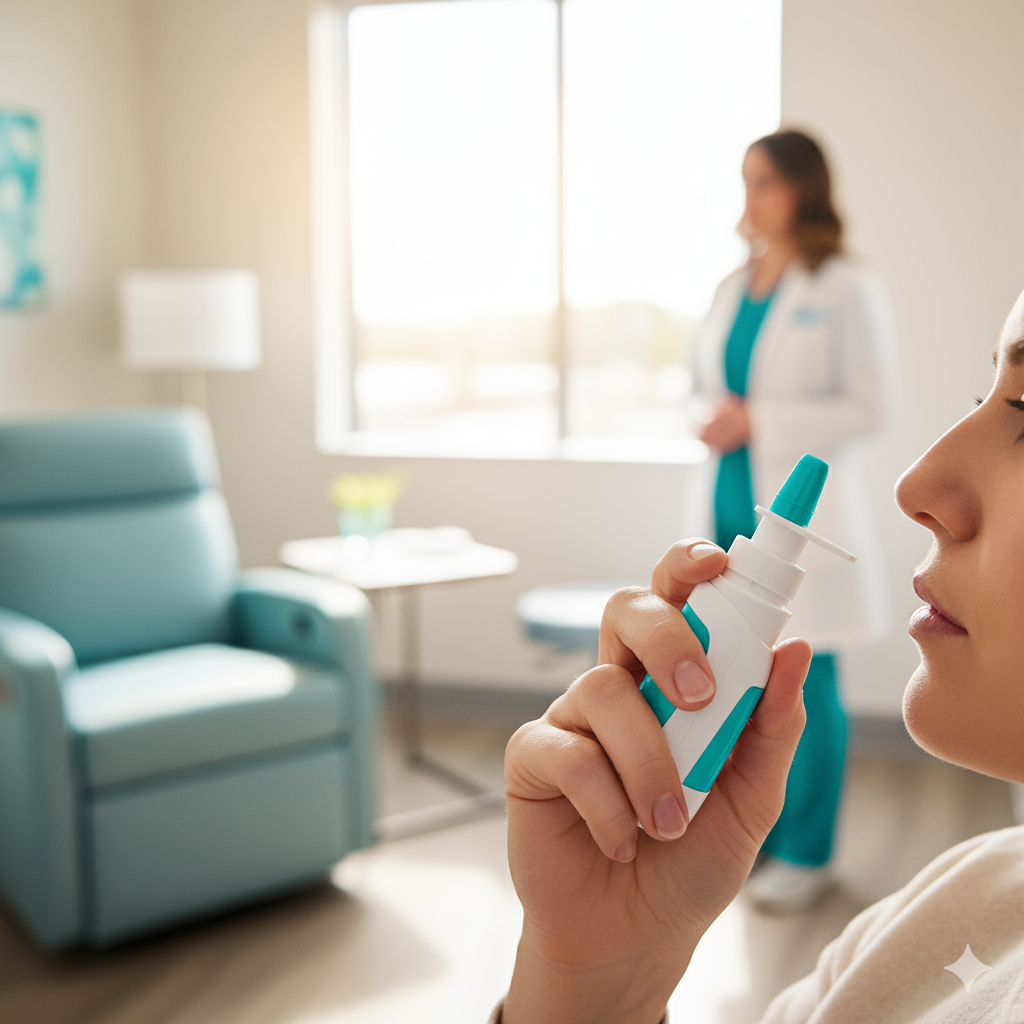 Woman using nasal spray in a doctor's office, doctor in background.