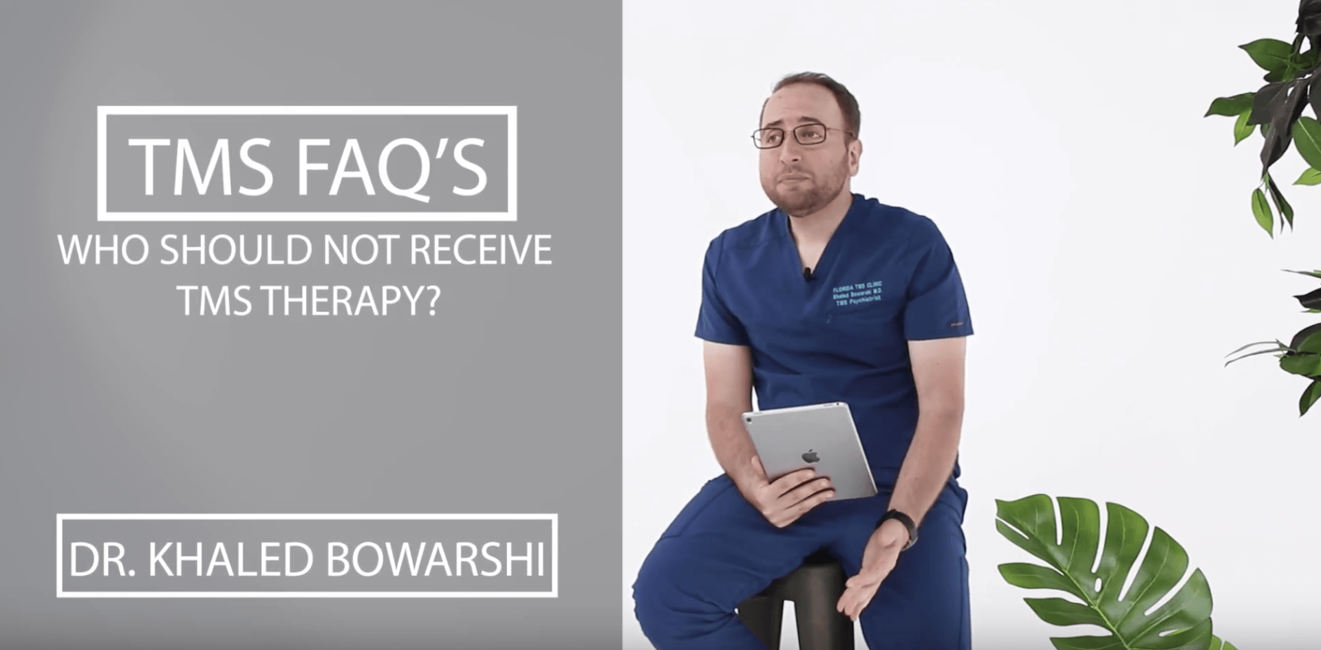 A doctor in scrubs sits, holding a tablet. Text: 