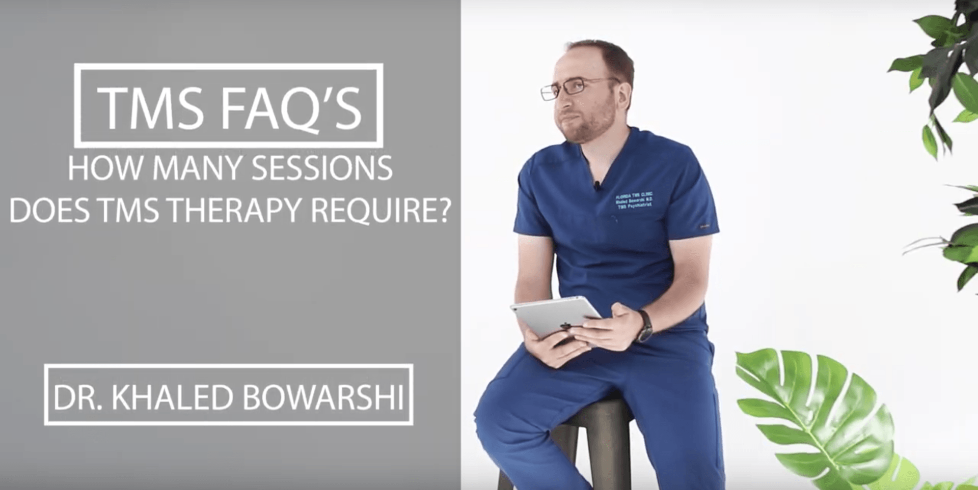 Doctor holding a tablet sits in front of a white background with plant decorations. Text: 